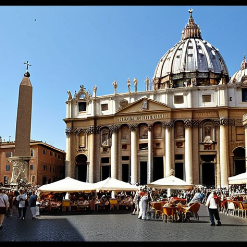 Home 4 **
"A vibrant, detailed photograph showcasing the contrast between Italy and Vatican City. In the foreground, a bustling Roman street scene with Vespas and outdoor cafes. In the background, framed by the Roman architecture, the imposing dome of St. Peter's Basilica rises majestically. The image should capture the feeling of two distinct worlds existing side-by-side, highlighting the architectural beauty of both and the lively energy of Italian life against the solemn grandeur of the Vatican."
**