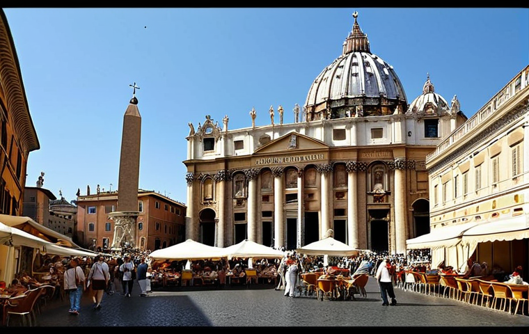 **

"A vibrant, detailed photograph showcasing the contrast between Italy and Vatican City. In the foreground, a bustling Roman street scene with Vespas and outdoor cafes. In the background, framed by the Roman architecture, the imposing dome of St. Peter's Basilica rises majestically. The image should capture the feeling of two distinct worlds existing side-by-side, highlighting the architectural beauty of both and the lively energy of Italian life against the solemn grandeur of the Vatican."

**