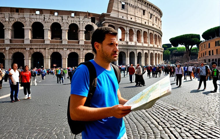 Tourist Caution in Rome**
"A fully clothed tourist in Rome, Italy, looking slightly concerned while holding a map in a crowded street near the Colosseum, appropriate attire, surrounded by other tourists, safe for work, perfect anatomy, natural proportions, professional photography, family-friendly, high quality, daylight scene, focus on the tourist's expression."
**