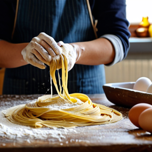 Home 21 Homemade Pasta Creation**
A cozy kitchen scene, someone making homemade pasta dough on a wooden table, flour dusting the surface, various ingredients (eggs, olive oil) displayed artfully around, fully clothed, safe for work, appropriate content, family-friendly, professional photography, perfect anatomy, natural proportions, well-formed hands, proper finger count, warm lighting, shallow depth of field.
**
