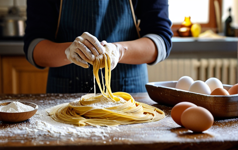 Homemade Pasta Creation**
A cozy kitchen scene, someone making homemade pasta dough on a wooden table, flour dusting the surface, various ingredients (eggs, olive oil) displayed artfully around, fully clothed, safe for work, appropriate content, family-friendly, professional photography, perfect anatomy, natural proportions, well-formed hands, proper finger count, warm lighting, shallow depth of field.
**
