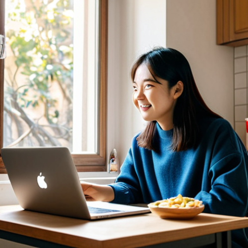 Home 20 **
A cozy apartment interior in Rome, Italy. A Korean woman, fully clothed in casual attire, is video calling her family on a laptop. Around her are Korean snacks and groceries. Sunlight streams through the window. Safe for work, appropriate content, professional, modest, perfect anatomy, correct proportions, natural pose, well-formed hands, proper finger count, natural body proportions.
**