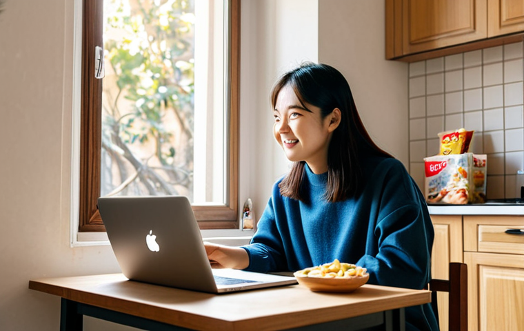 **
A cozy apartment interior in Rome, Italy. A Korean woman, fully clothed in casual attire, is video calling her family on a laptop. Around her are Korean snacks and groceries. Sunlight streams through the window. Safe for work, appropriate content, professional, modest, perfect anatomy, correct proportions, natural pose, well-formed hands, proper finger count, natural body proportions.
**