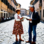 Asking for Directions**

"A tourist, fully clothed in modest travel attire (jeans, t-shirt, light jacket), standing on a charming cobblestone street in Rome, holding a map. She is politely asking a friendly-looking older Italian woman in a floral dress for directions. Background includes a Vespa and a small cafe. Perfect anatomy, correct proportions, well-formed hands, natural pose. Safe for work, appropriate content, professional quality, family-friendly scene."

**