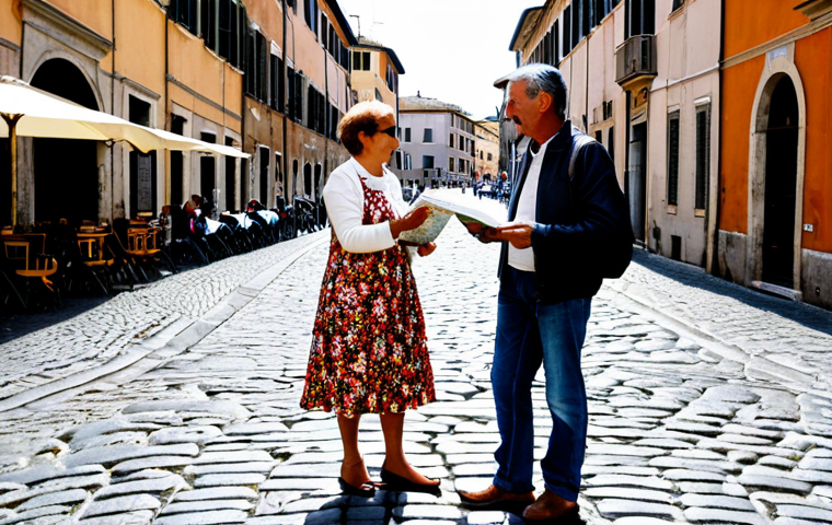 Asking for Directions**
"A tourist, fully clothed in modest travel attire (jeans, t-shirt, light jacket), standing on a charming cobblestone street in Rome, holding a map. She is politely asking a friendly-looking older Italian woman in a floral dress for directions. Background includes a Vespa and a small cafe. Perfect anatomy, correct proportions, well-formed hands, natural pose. Safe for work, appropriate content, professional quality, family-friendly scene."
**