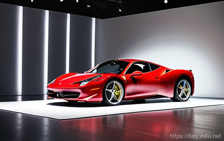 이탈리아 슈퍼카 특징 - **Prompt:** A meticulously crafted, sleek Ferrari 458 Italia, gleaming under soft, artistic lighting...