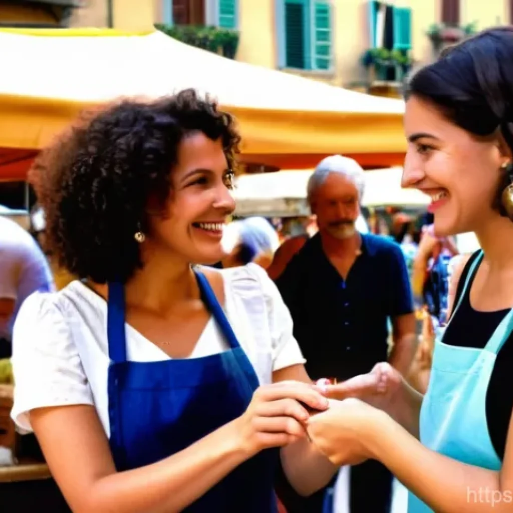 이탈리아어 숫자 읽는 법 - A joyful young woman with dark, curly hair, wearing a stylish but casual sundress, is actively barga...
