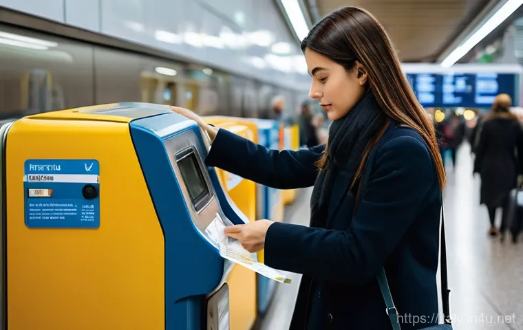 이탈리아 대중교통 이용 팁 - **Ticket Validation in an Italian Metro Station:** A diverse female traveler in her late 20s, dresse...