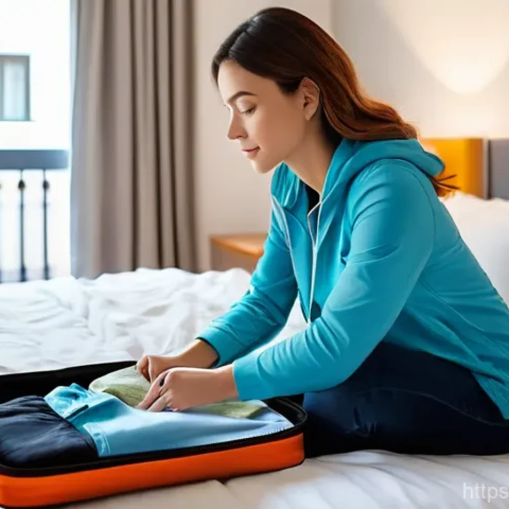 이탈리아 여행 짐싸기 가이드 - A solo female traveler in her late 20s is efficiently packing her suitcase in a bright, modern hotel...