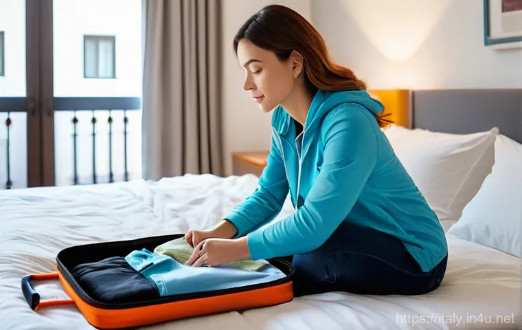 이탈리아 여행 짐싸기 가이드 - A solo female traveler in her late 20s is efficiently packing her suitcase in a bright, modern hotel...