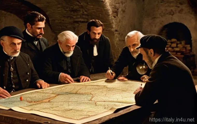 이탈리아 독립운동 - **Prompt:** A clandestine meeting of the Carbonari, a 19th-century Italian secret society, takes pla...