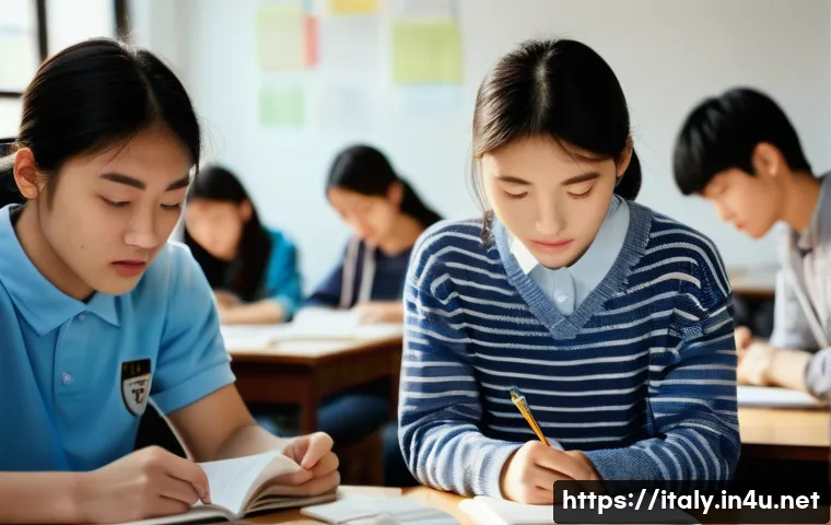 이탈리아와 한국 교육제도 차이 - A split image depicting two contrasting educational scenes. On the left, a South Korean high school ...